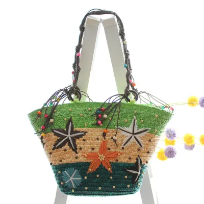 Women's Bohemian Handmade Embroidered Starfish Straw Woven Shoulder Bag