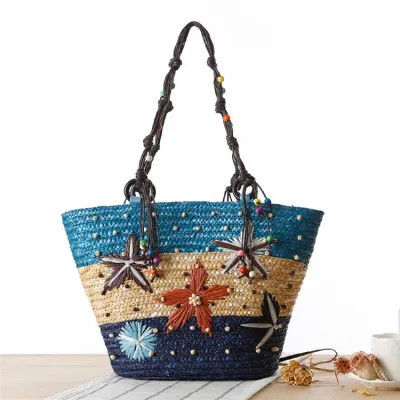 Women's Bohemian Handmade Embroidered Starfish Straw Woven Shoulder Bag