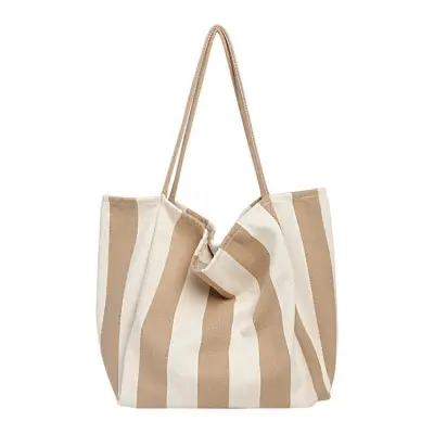 Women Simple Color Blocking Stripe Pattern Large Capacity Canvas Tote Shoulder Bag