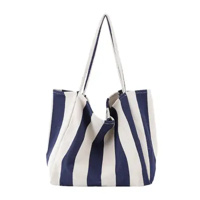 Women Simple Color Blocking Stripe Pattern Large Capacity Canvas Tote Shoulder Bag