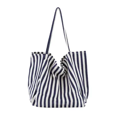 Women Simple Color Blocking Stripe Pattern Large Capacity Canvas Tote Shoulder Bag