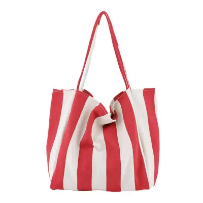 Women Simple Color Blocking Stripe Pattern Large Capacity Canvas Tote Shoulder Bag