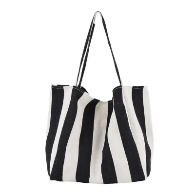 Women Simple Color Blocking Stripe Pattern Large Capacity Canvas Tote Shoulder Bag