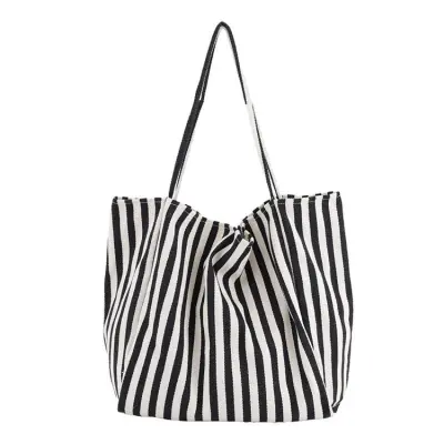 Women Simple Color Blocking Stripe Pattern Large Capacity Canvas Tote Shoulder Bag