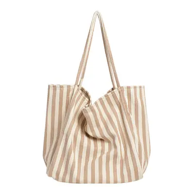 Women Simple Color Blocking Stripe Pattern Large Capacity Canvas Tote Shoulder Bag