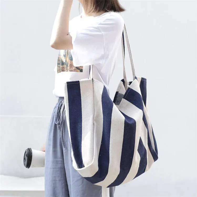 Women Simple Color Blocking Stripe Pattern Large Capacity Canvas Tote Shoulder Bag