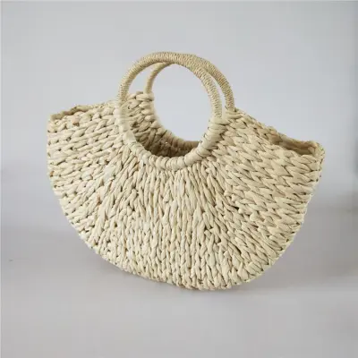 Women's Fashion Color Blocking Handwoven Semicircle Handle Woven Grass Bag