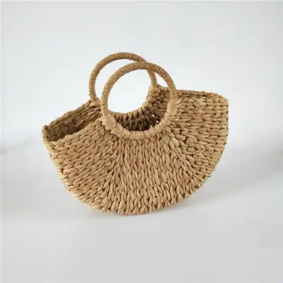 Women's Fashion Color Blocking Handwoven Semicircle Handle Woven Grass Bag