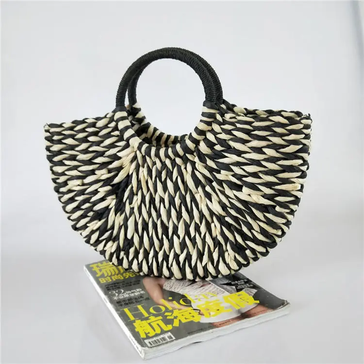 Women's Fashion Color Blocking Handwoven Semicircle Handle Woven Grass Bag