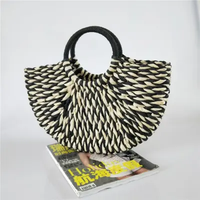 Women's Fashion Color Blocking Handwoven Semicircle Handle Woven Grass Bag