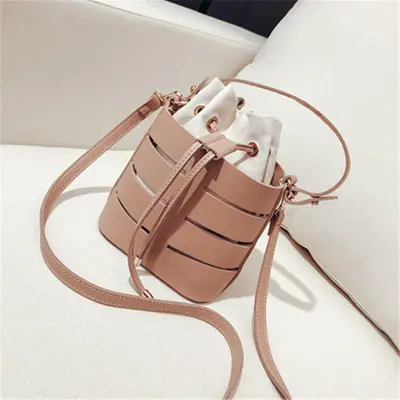 Women's Fashion Hollow Out PU Leather Bucket Crossbody Bag - Solid Color