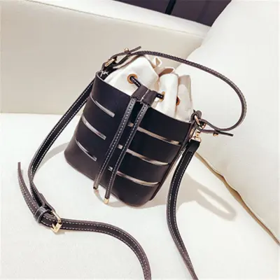 Women's Fashion Hollow Out PU Leather Bucket Crossbody Bag - Solid Color