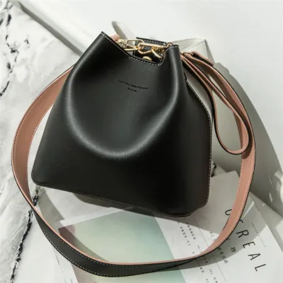Women Fashion Color Blocking Large Capacity Bucket PU Handbag