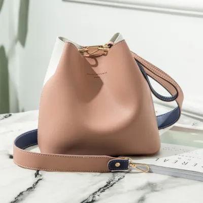 Women Fashion Color Blocking Large Capacity Bucket PU Handbag