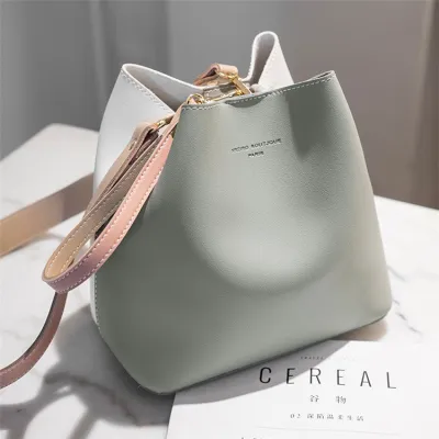 Women Fashion Color Blocking Large Capacity Bucket PU Handbag