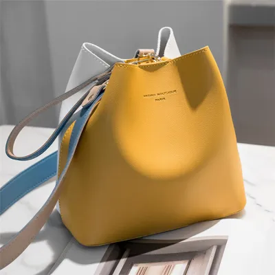 Women Fashion Color Blocking Large Capacity Bucket PU Handbag