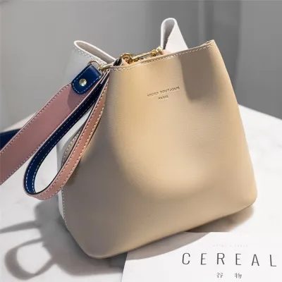 Women Fashion Color Blocking Large Capacity Bucket PU Handbag