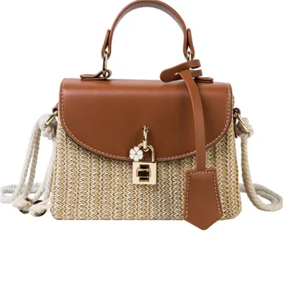 Women Simple Color Blocking Patchwork Weave Straw Flap Crossbody Bag
