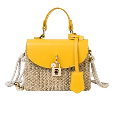 Women Simple Color Blocking Patchwork Weave Straw Flap Crossbody Bag