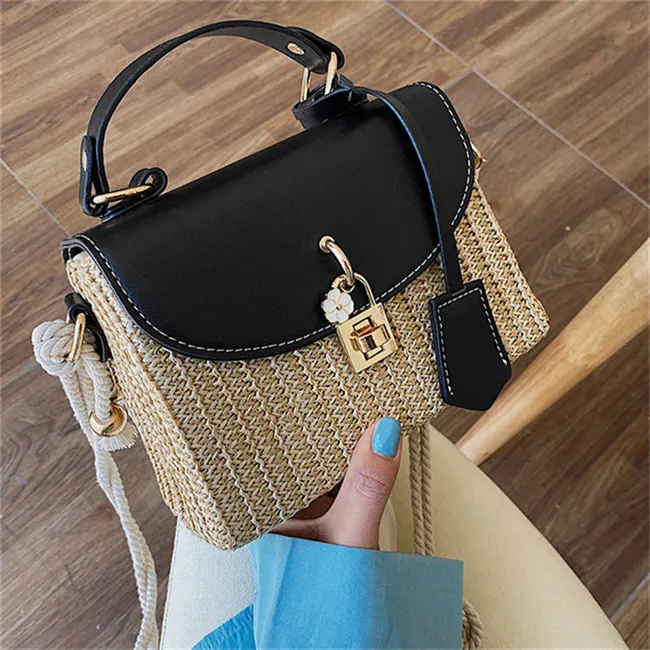 Women Simple Color Blocking Patchwork Weave Straw Flap Crossbody Bag
