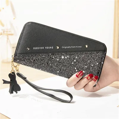 Women Contrast Color Tassels Rivet PU Leather Bifold Zip Wallet Purse