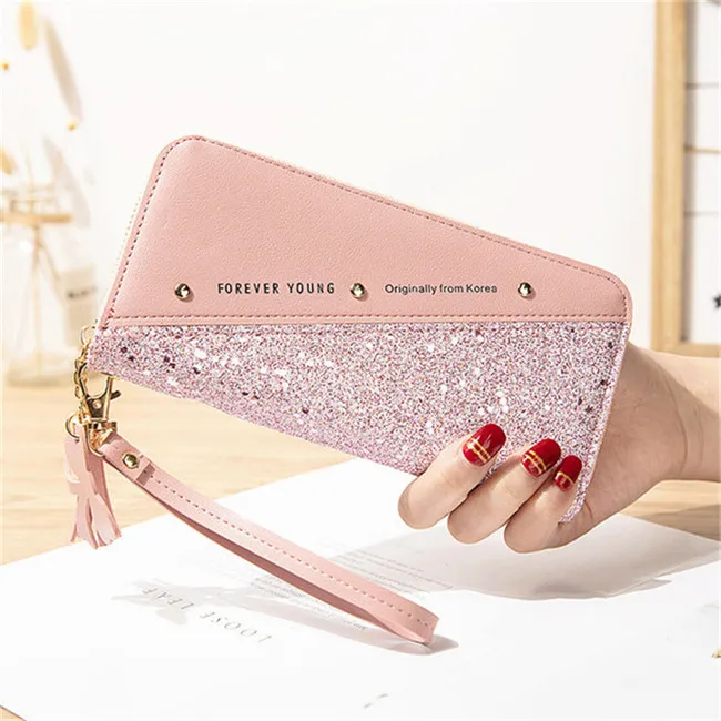 Women Contrast Color Tassels Rivet PU Leather Bifold Zip Wallet Purse