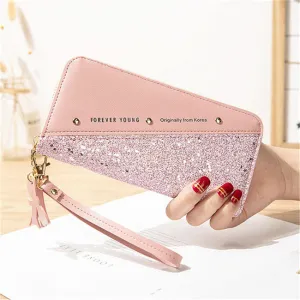 Women Contrast Color Tassels Rivet PU Leather Bifold Zip Wallet Purse