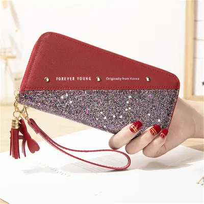 Women Contrast Color Tassels Rivet PU Leather Bifold Zip Wallet Purse