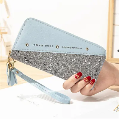 Women Contrast Color Tassels Rivet PU Leather Bifold Zip Wallet Purse