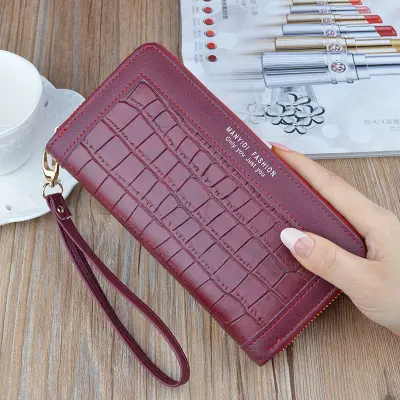 Women Fashion Crocodile Pattern Zipper PU Leather Purse