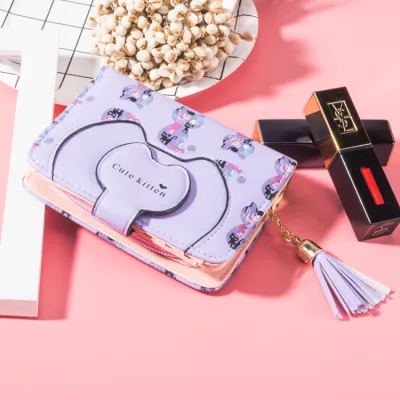 Women Fashion Cat Head Zipper Tassel PU Leather Wallet