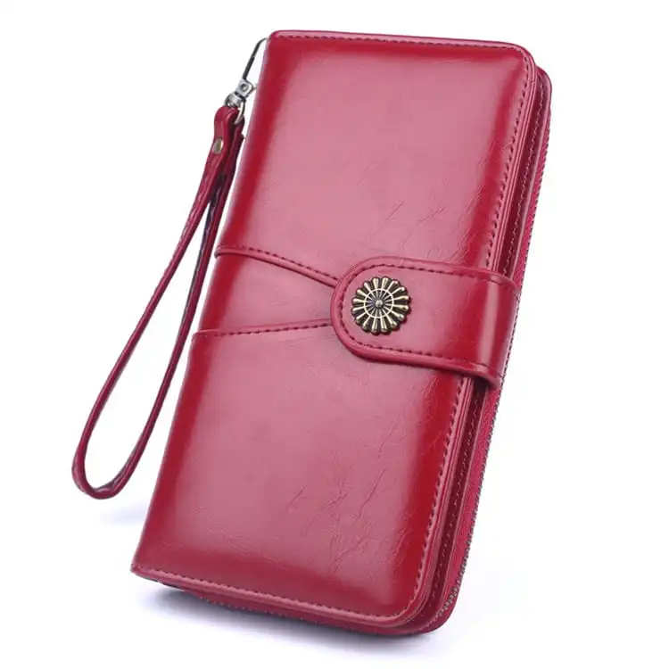 Women Retro Solid Color Geometry Stitching PU Leather Zip Wallet Purse