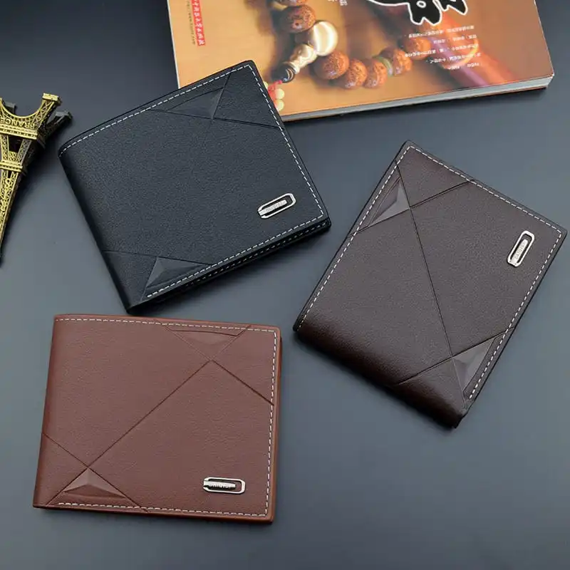 Men Fashion Solid Color Tri-Fold Embossed PU Leather Wallet