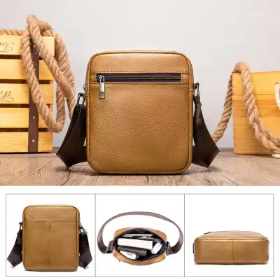 Men Fashion Solid Color Wide Strap Crossbody Bag Genuine Leather