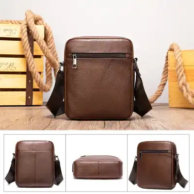 Men Fashion Solid Color Wide Strap Crossbody Bag Genuine Leather