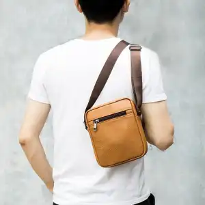 Men Fashion Solid Color Wide Strap Crossbody Bag Genuine Leather