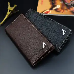 Men Fashion Solid Color Metal Decoration PU Leather Soft Purse