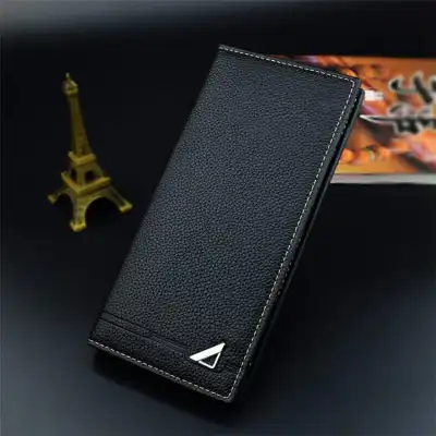 Men Fashion Solid Color Metal Decoration PU Leather Soft Purse