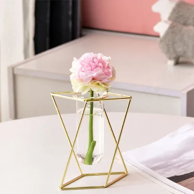 Creative Home Metal Geometric Vase Decoration Simple Modern Iron Art High Borosilicate Glass