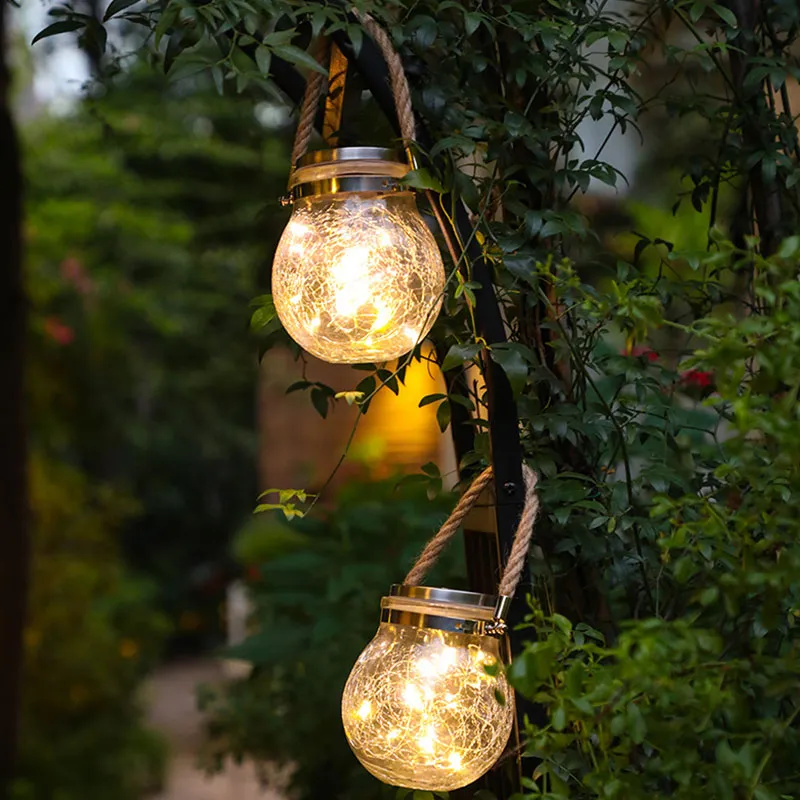 Outdoor Round Ball Decorative Solar Cracked Mason Jar Light Warm Light Polysilicon Panel Garden Patio Umbrella Street Tree Lighting