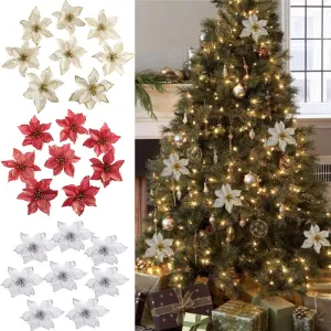 Glitter Artificial Christmas Tree Ornament Cloth Flower for Party Holiday Decor