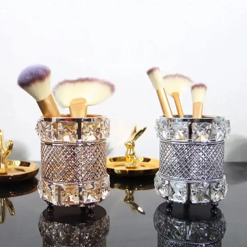 Shiny Crystal Decor Hollow Out Makeup Brush Storage Tube Round Crystal Cosmetics Holder