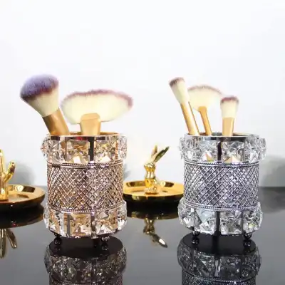 Shiny Crystal Decor Hollow Out Makeup Brush Storage Tube Round Crystal Cosmetics Holder