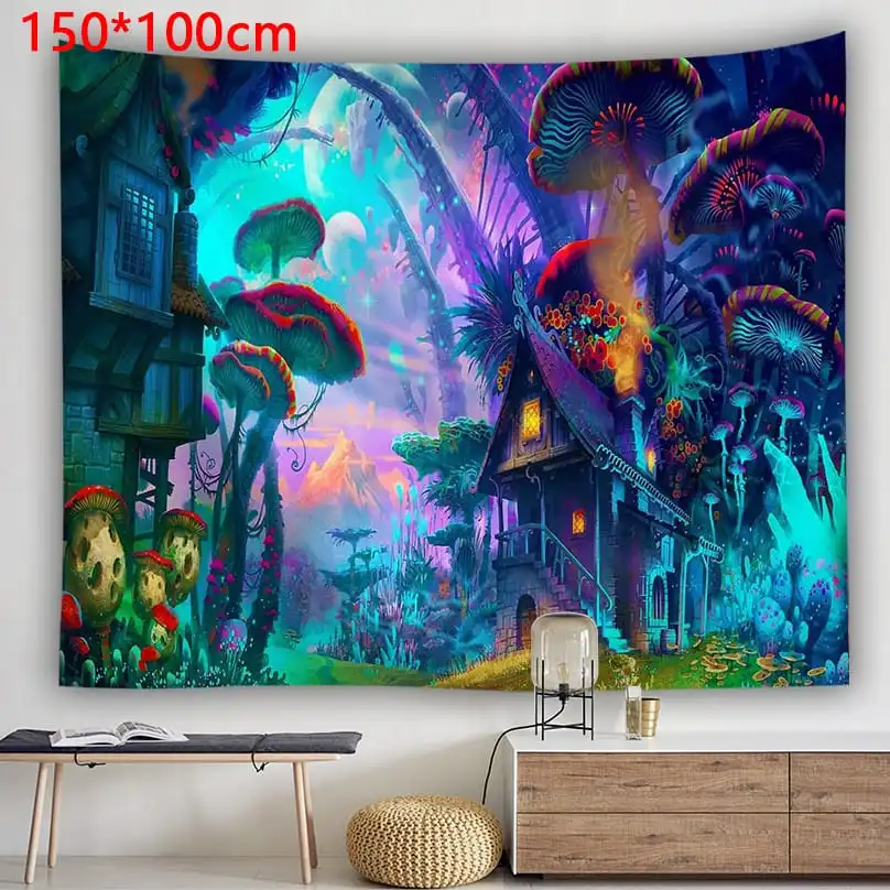 150x100cm Creative Fantasy Mushroom Printed Polyester Tapestry for Living Room Bedroom