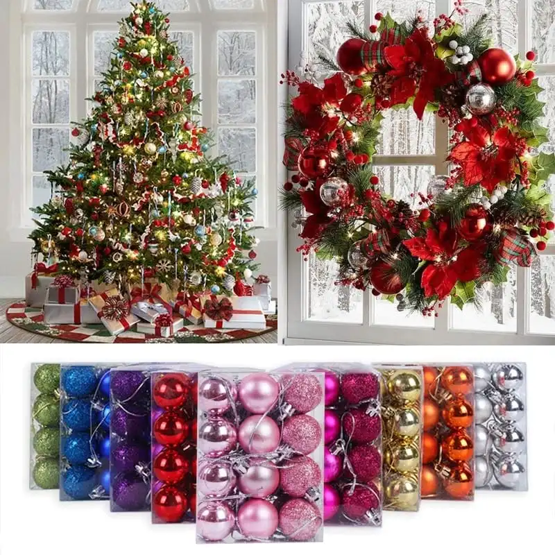 24pcs Colorful Christmas Tree Ornaments Hanging Balls Plastic 3CM Bright Pink