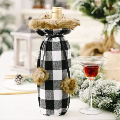 Christmas Plaid Style Pom Pom Lattice Wine Bottle Cover