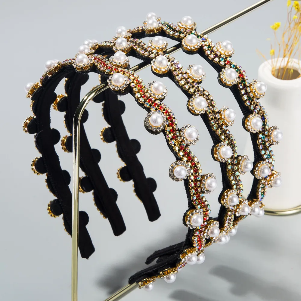Retro Rhinestone Pearl Decor Women's Fabric Plaid Hair Band