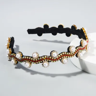 Retro Rhinestone Pearl Decor Women's Fabric Plaid Hair Band