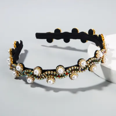 Retro Rhinestone Pearl Decor Women's Fabric Plaid Hair Band