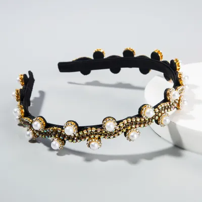 Retro Rhinestone Pearl Decor Women's Fabric Plaid Hair Band